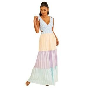 Striped Maxi Dress Womens Medium Color Block Pastel Open Back Summer Gown Long
